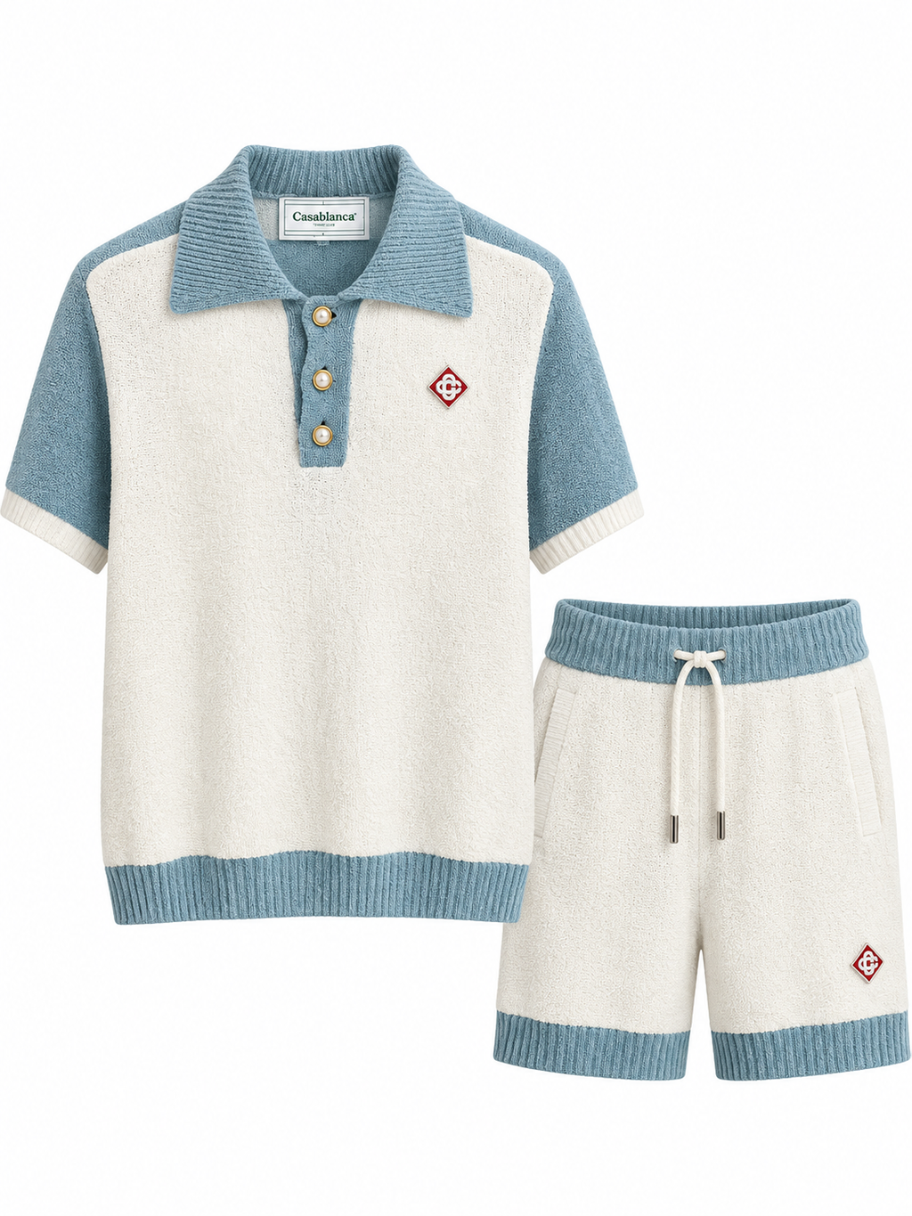 Casablanca Terry Knit Polo Co-Ord Set – Cream & Powder Blue
