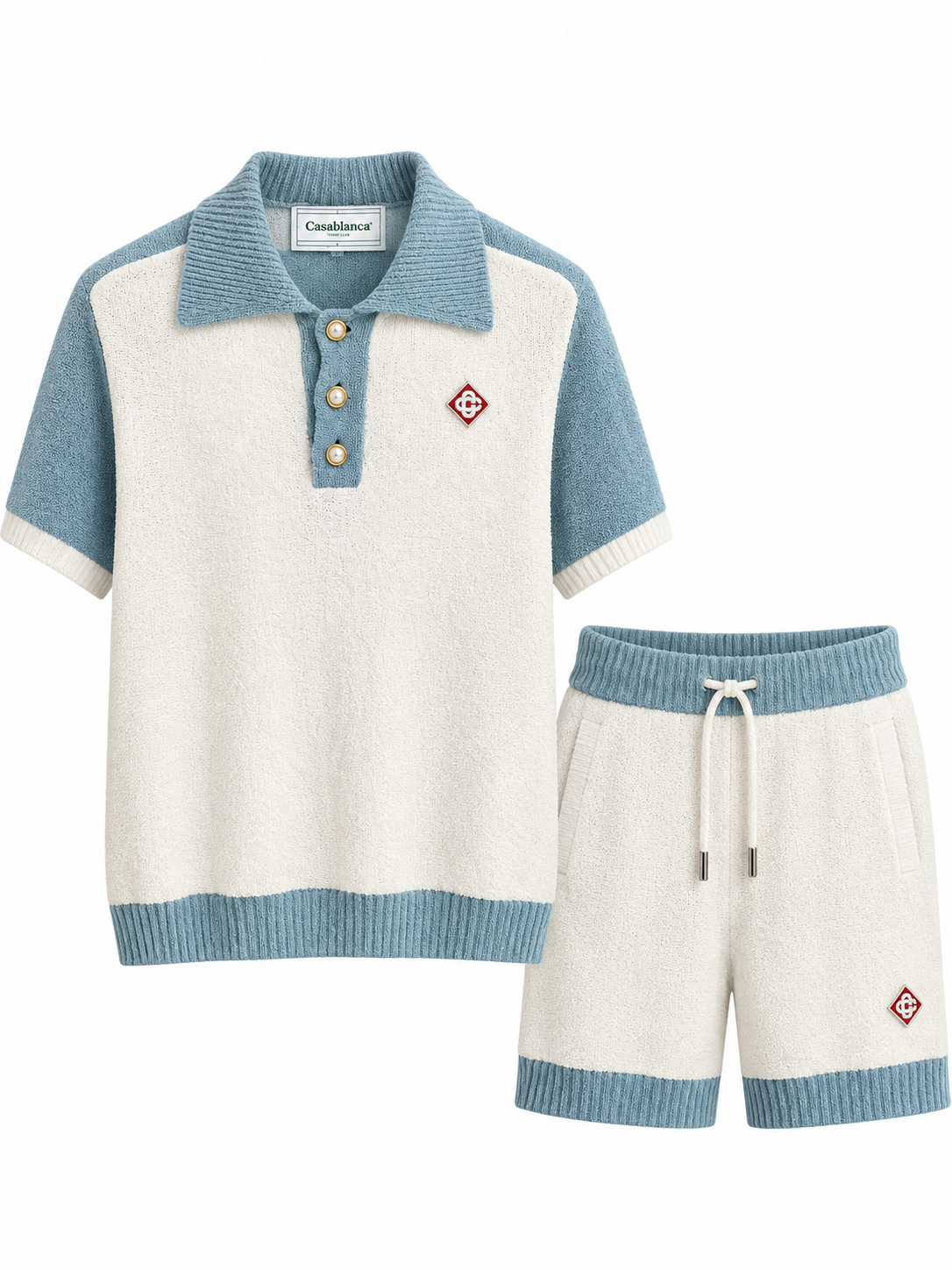 Casablanca Terry Knit Polo Co-Ord Set – Cream & Powder Blue