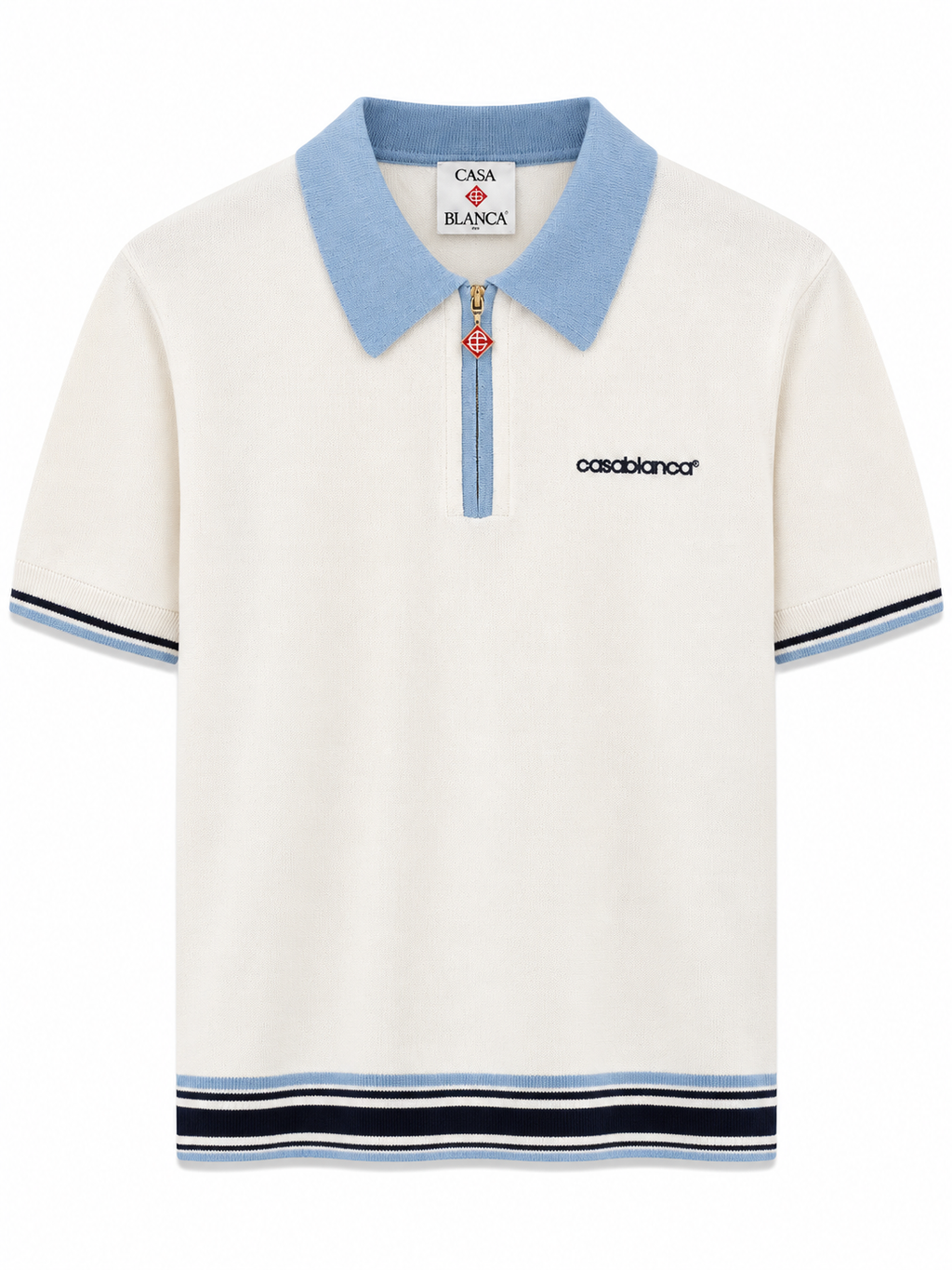 Casablanca Zip Knit Polo – Cream & Light Blue