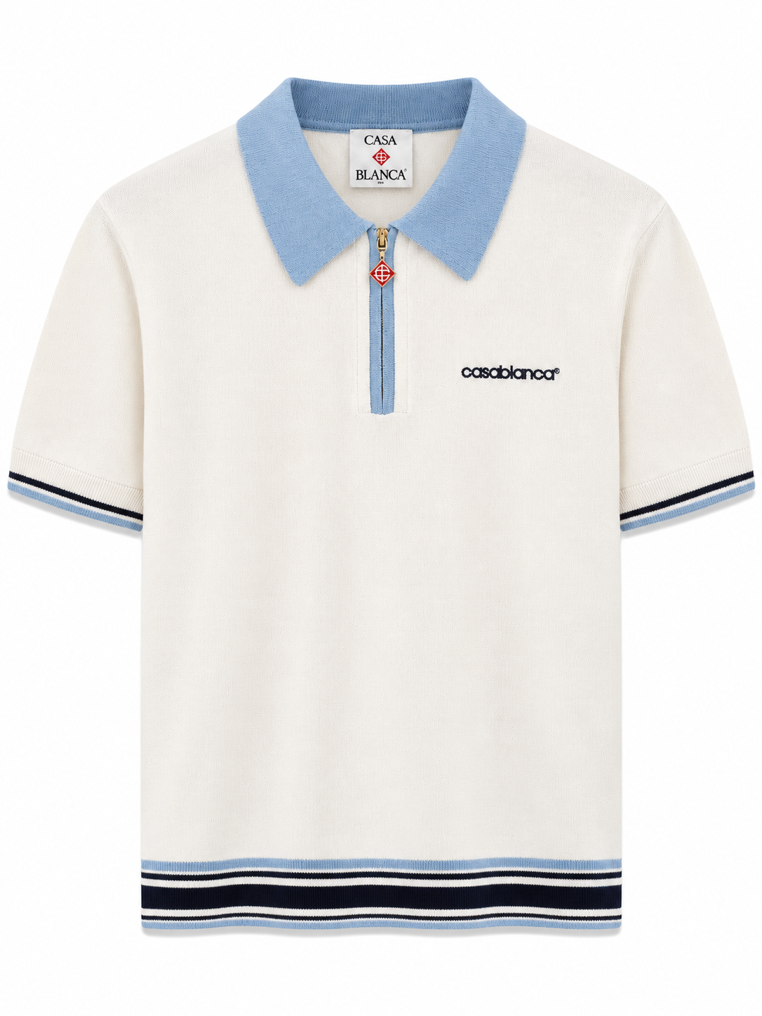Casablanca Zip Knit Polo – Cream & Light Blue