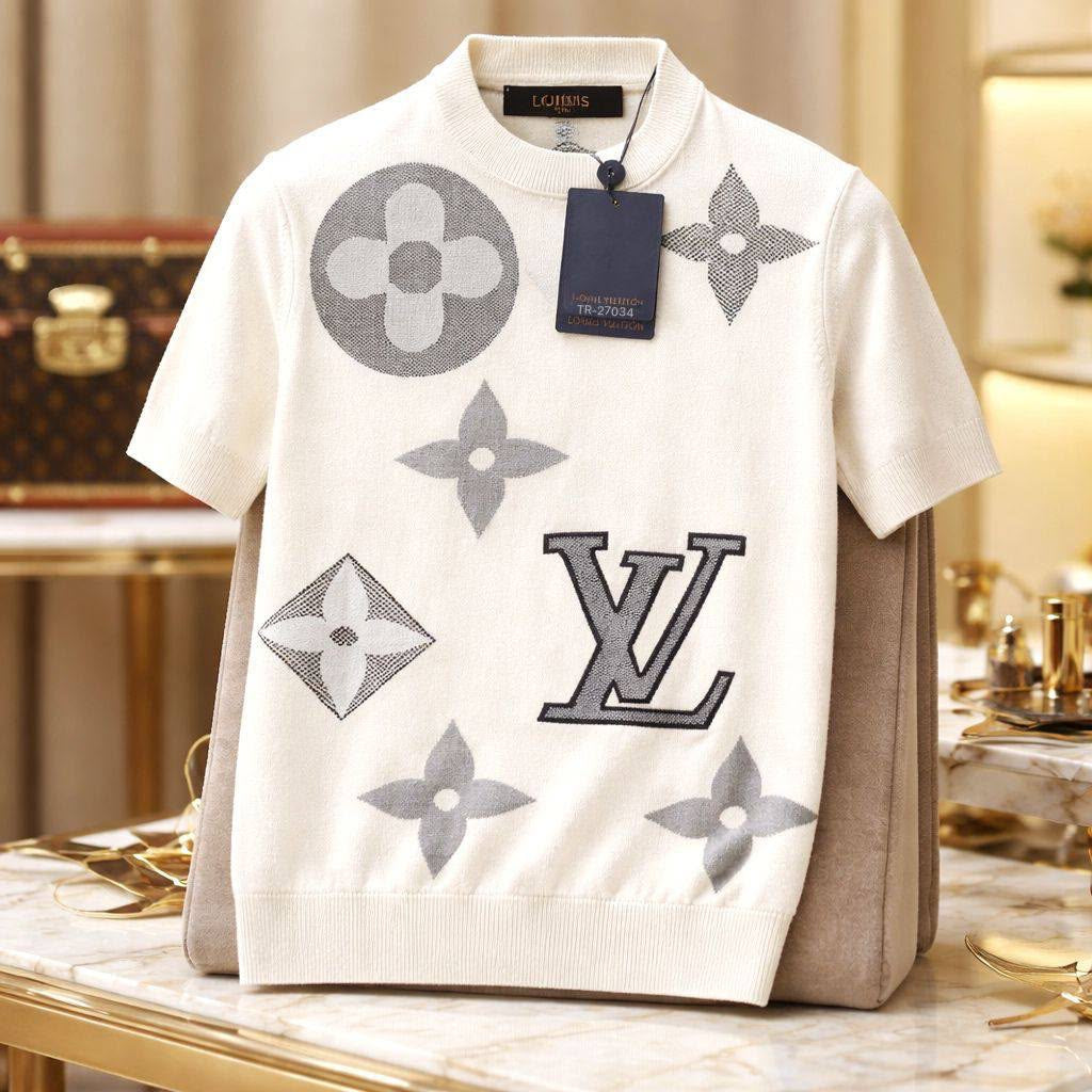 Louis Vuitton Monogram Motif Knit Short-Sleeve Sweater – Off-White & Grey