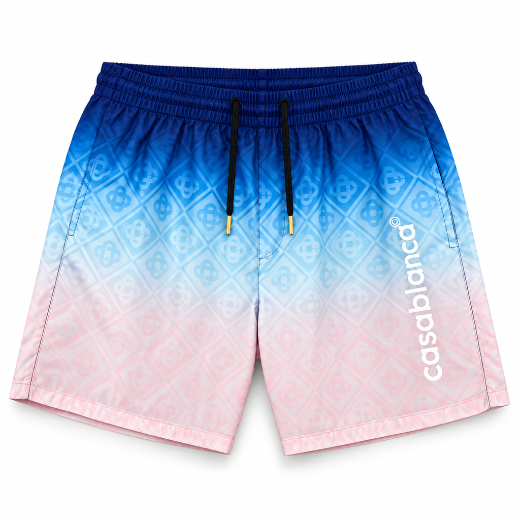 Casablanca Monogram Gradient Swim Shorts – Navy Blue, Sky Blue & Soft Pink