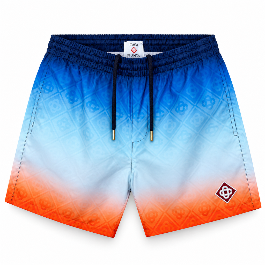 Casablanca Monogram Gradient Swim Shorts – Navy Blue, Aqua & Orange