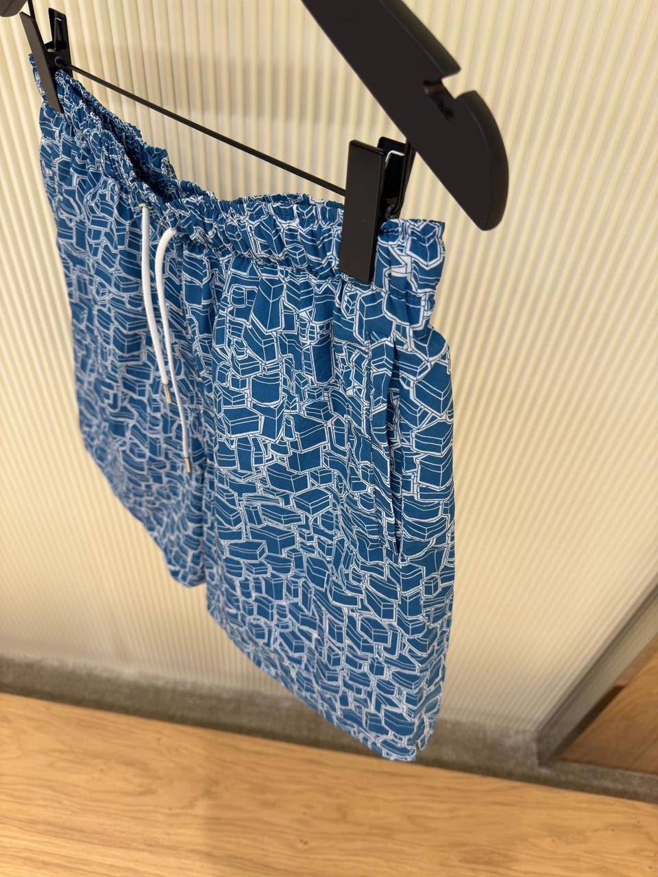 Abstract Geometric Swim Shorts – Deep Blue & White