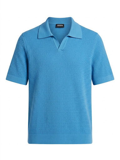 ZEGNA Textured Short-Sleeve Polo – Cerulean Blue