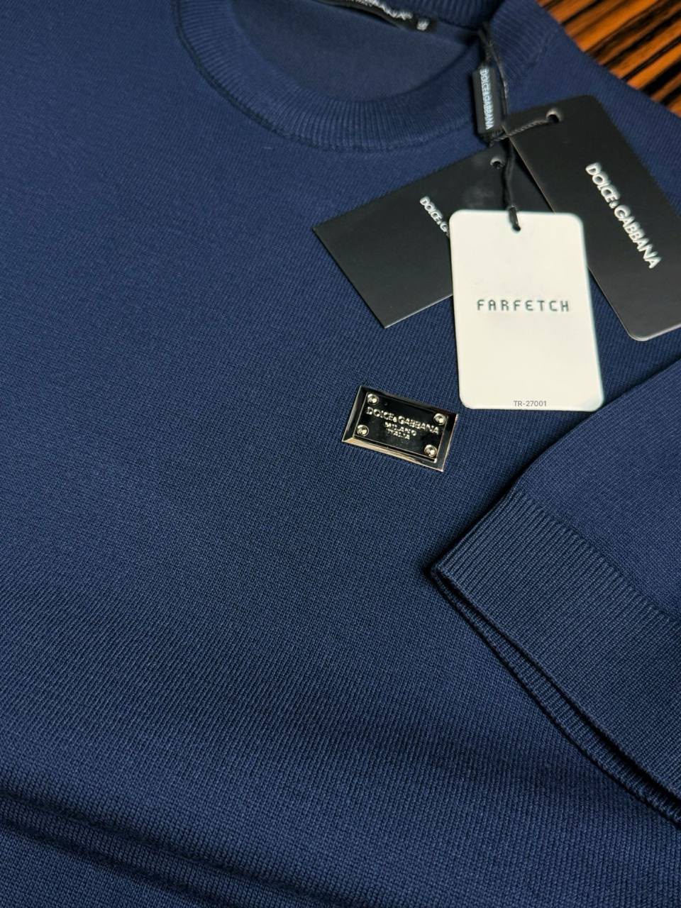 Dolce & Gabbana Logo Plaque Knit T-Shirt – Navy Blue