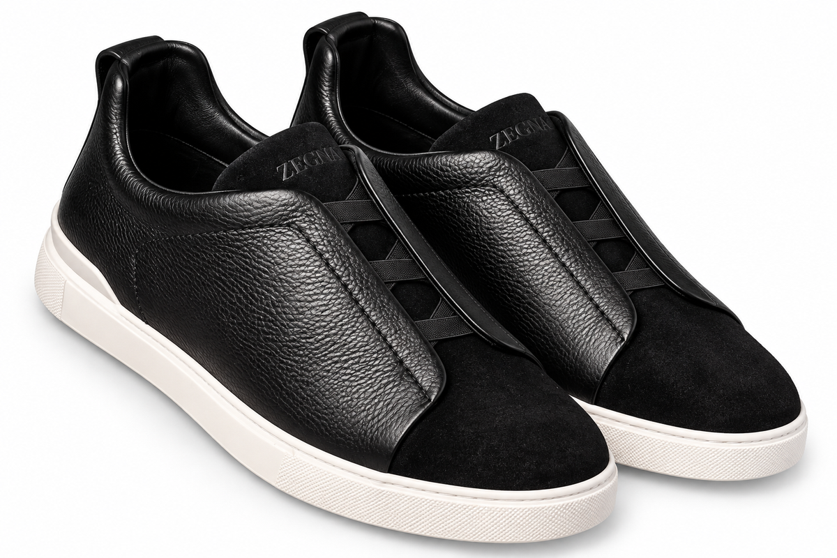 ZEGNA Leather & Suede Slip-On Sneakers – Black & Ivory