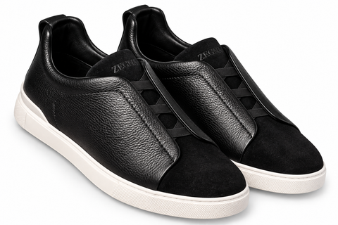 ZEGNA Leather & Suede Slip-On Sneakers – Black & Ivory