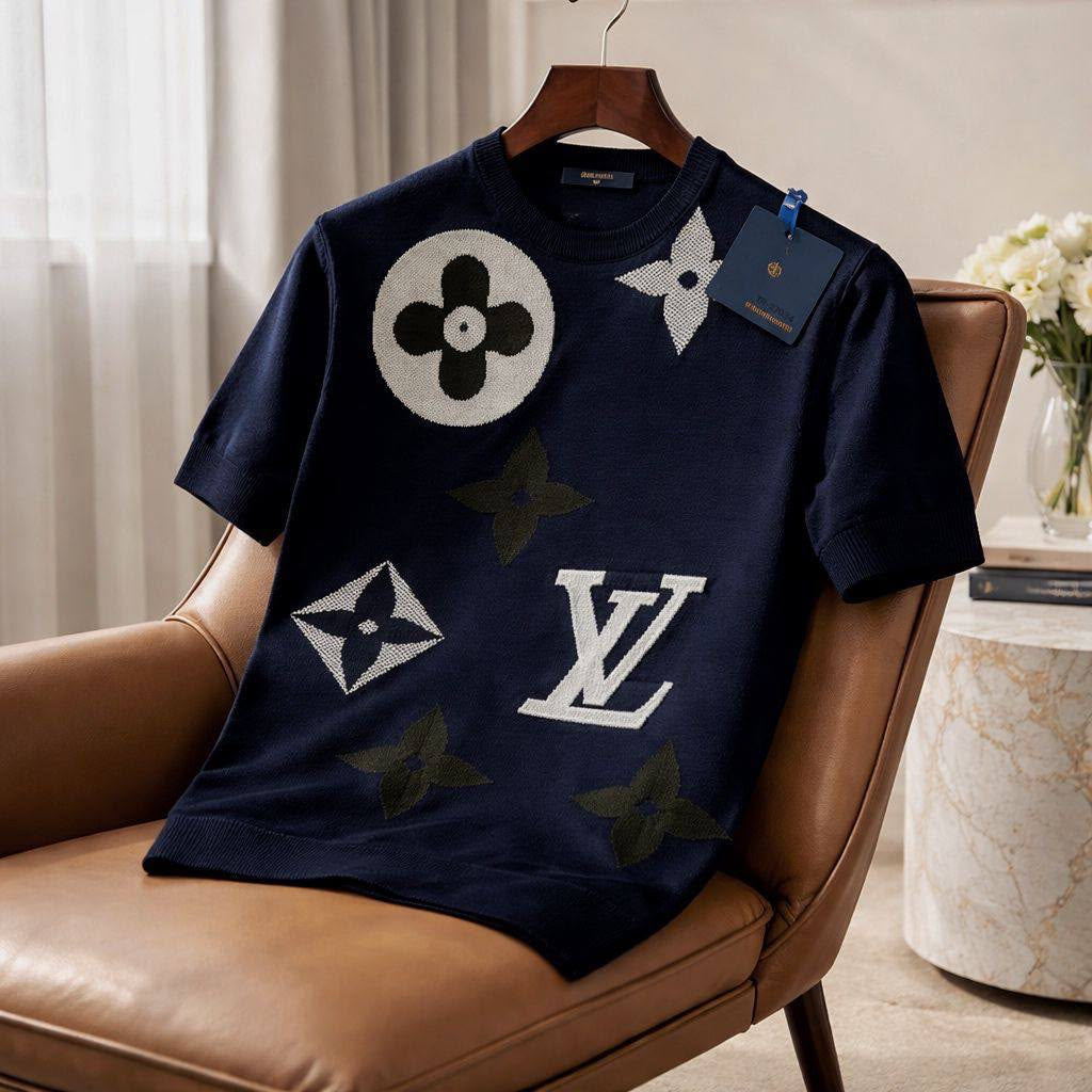 Louis Vuitton Monogram Motif Knit Short-Sleeve Sweater – Navy Blue & White