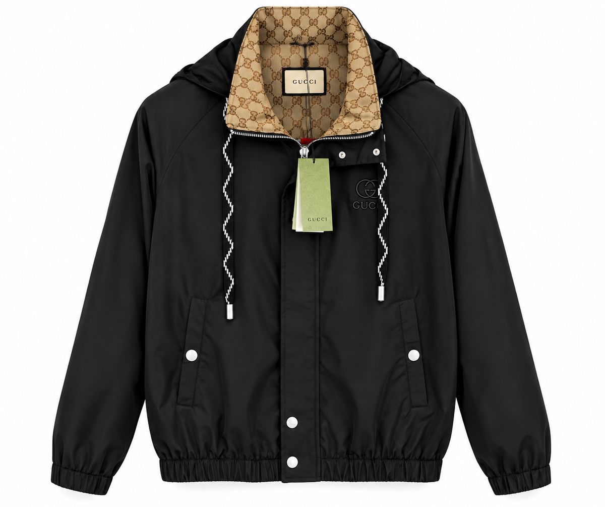 Gucci GG Monogram Hooded Bomber Jacket – Black & Beige