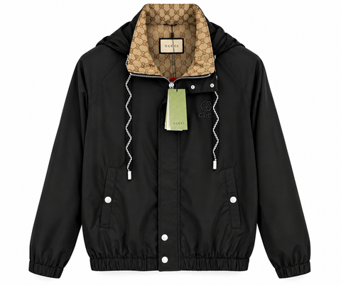 Gucci GG Monogram Hooded Bomber Jacket – Black & Beige