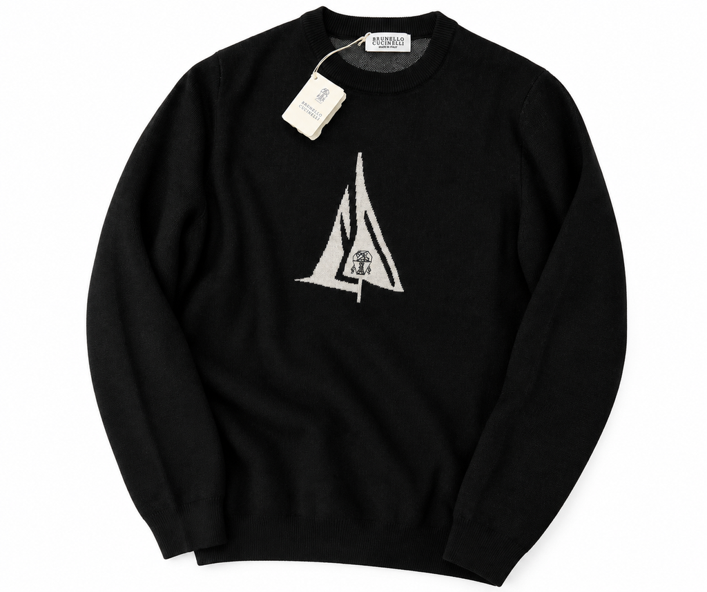 Brunello Cucinelli Logo Knit Crewneck Sweater – Black & Ivory