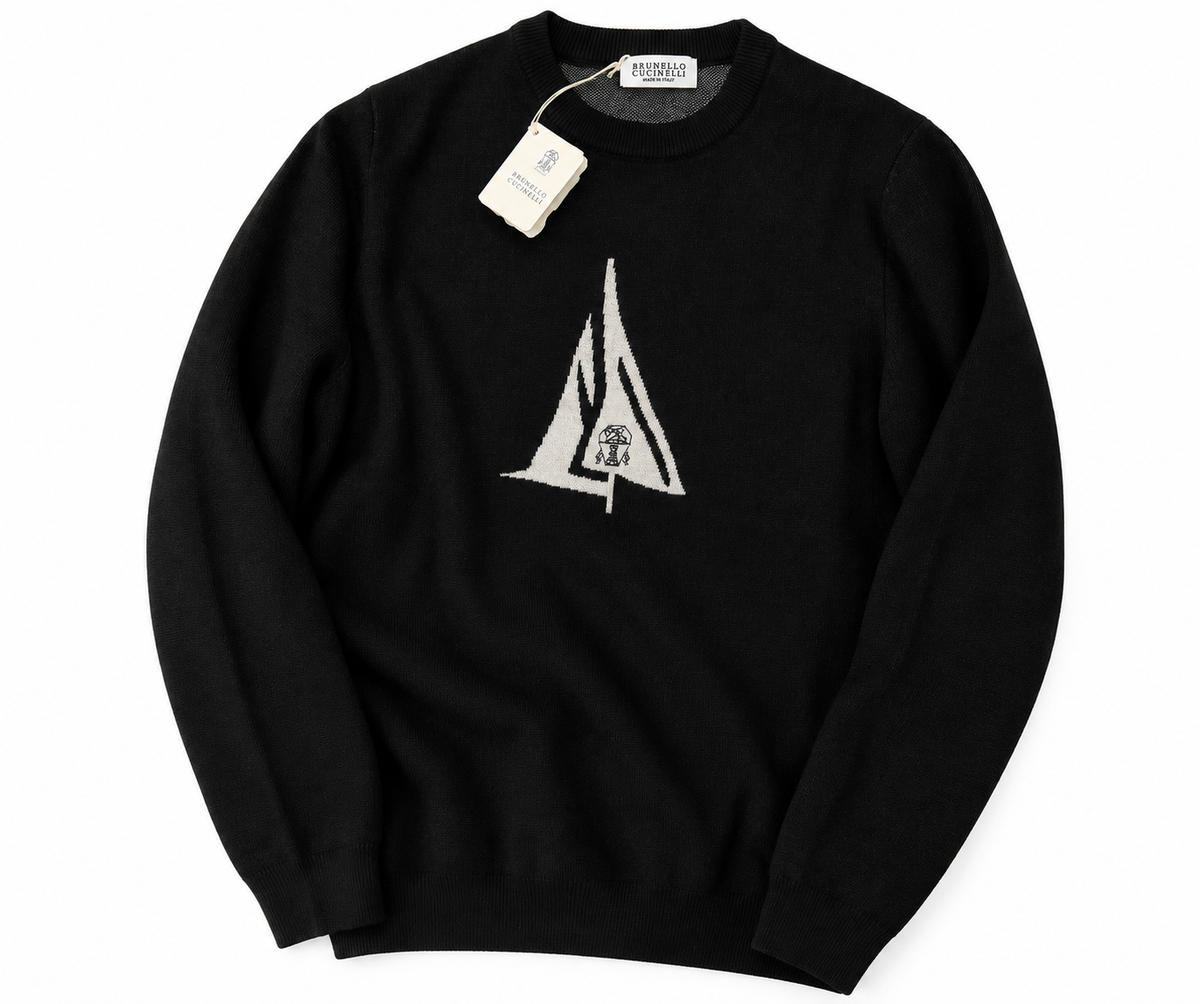 Brunello Cucinelli Logo Knit Crewneck Sweater – Black & Ivory