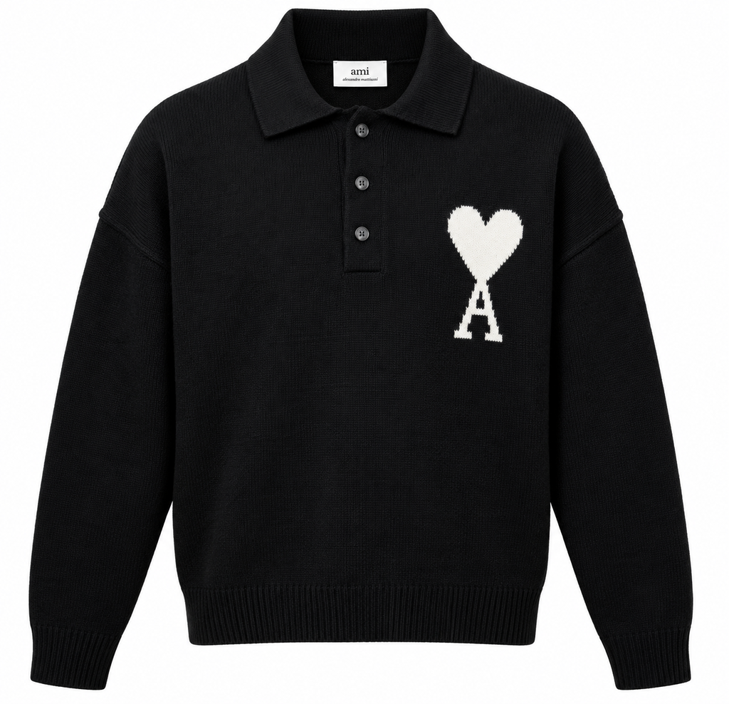 AMI Paris Ami de Coeur Knit Polo Sweater – Black