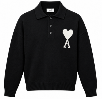 AMI Paris Ami de Coeur Knit Polo Sweater – Black
