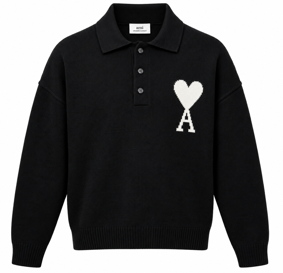 AMI Paris Ami de Coeur Knit Polo Sweater – Black