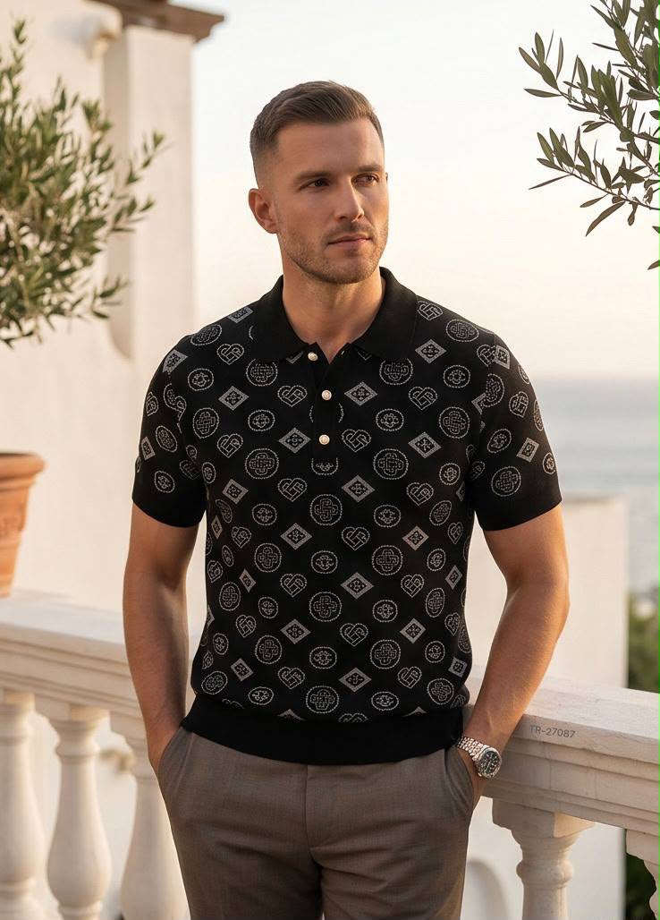 Casablanca Monogram Knit Polo – Black & Grey