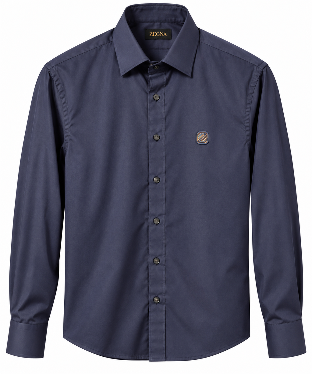 Zegna Embroidered Logo Long-Sleeve Shirt – Navy Blue