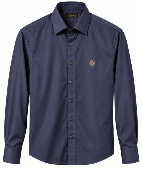 Zegna Embroidered Logo Long-Sleeve Shirt – Navy Blue
