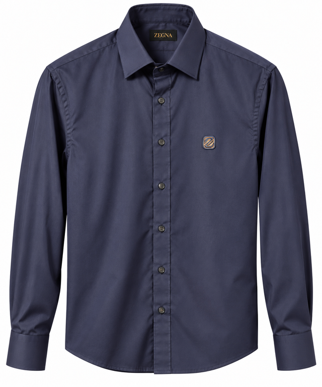 Zegna Embroidered Logo Long-Sleeve Shirt – Navy Blue