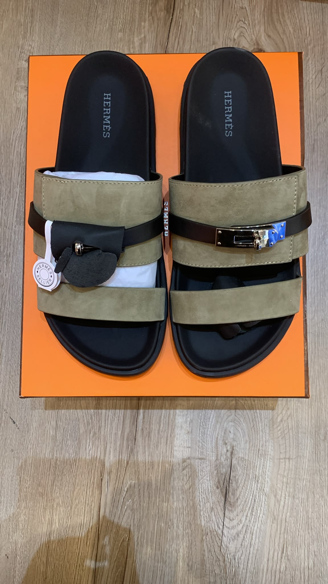 Hermès Empire Sandals – Khaki Suede & Black Leathe