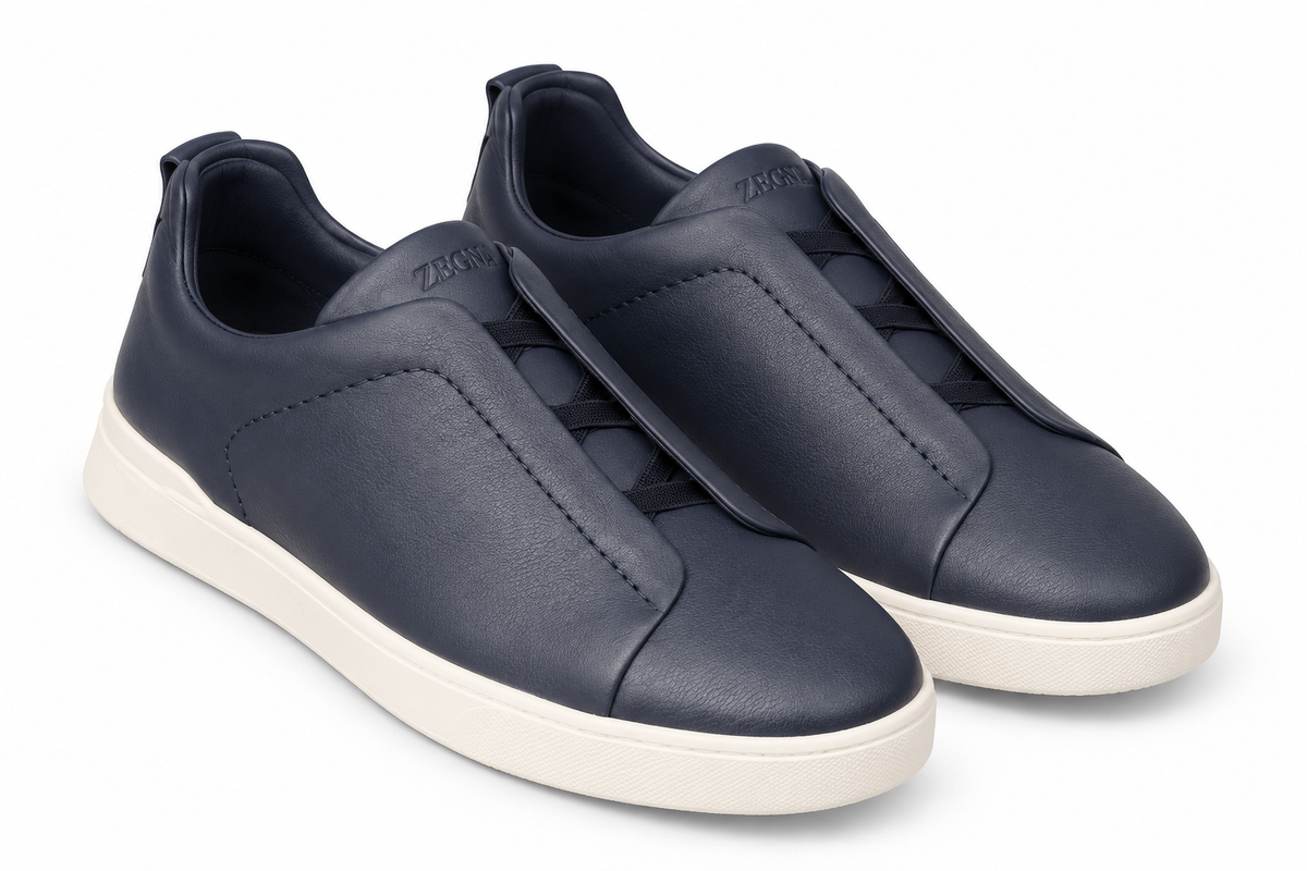 ZEGNA Leather Slip-On Sneakers – Navy & Ivory