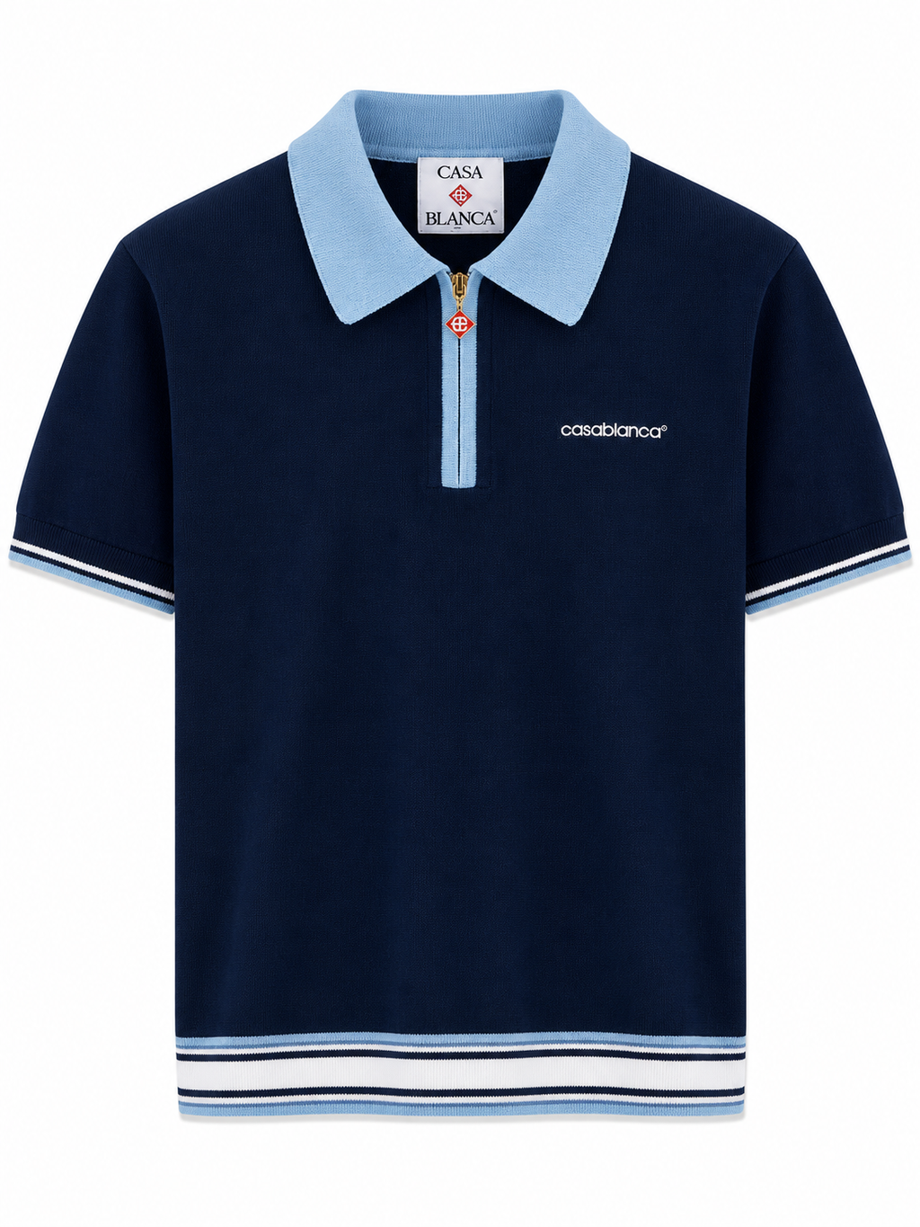 Casablanca Zip Knit Polo – Navy & Light Blue
