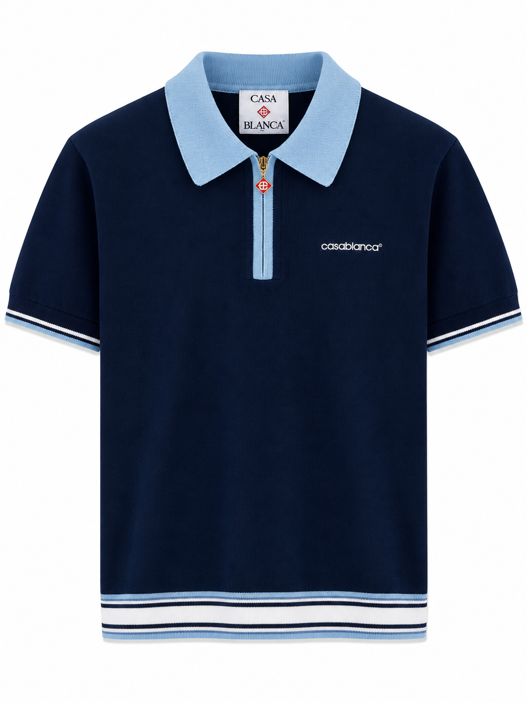 Casablanca Zip Knit Polo – Navy & Light Blue