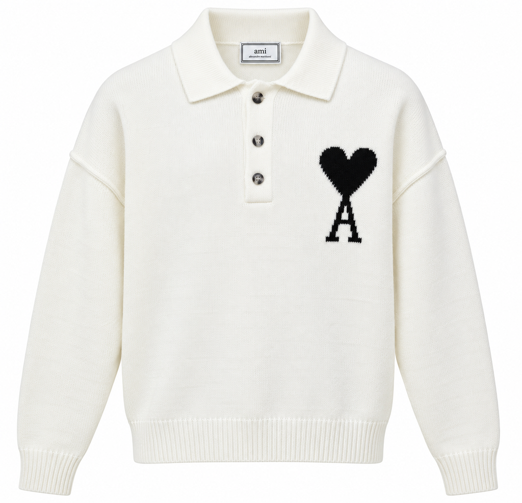 AMI Paris Ami de Coeur Knit Polo Sweater – Cream