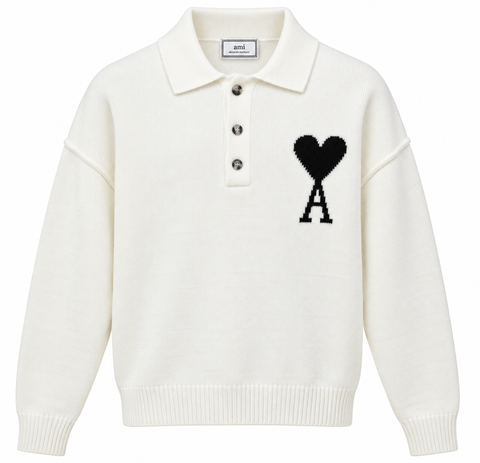 AMI Paris Ami de Coeur Knit Polo Sweater – Cream