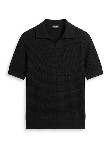 ZEGNA Textured Short-Sleeve Knit Polo – Black