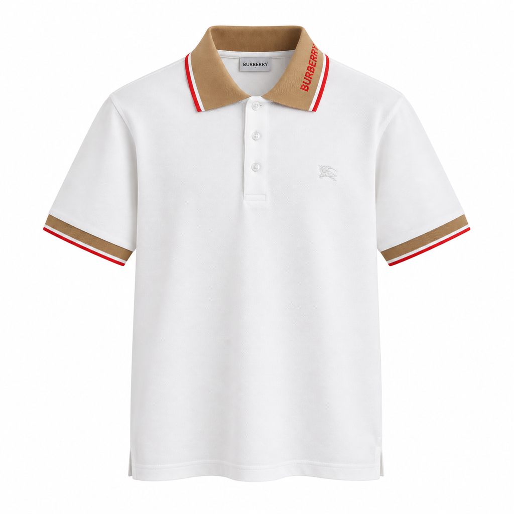 Burberry Contrast Collar Polo Shirt – White & Camel