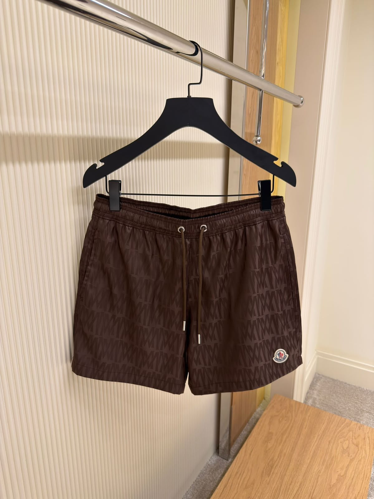 MONCLER Tonal Monogram Logo Patch Swim Shorts – Chocolate Brown