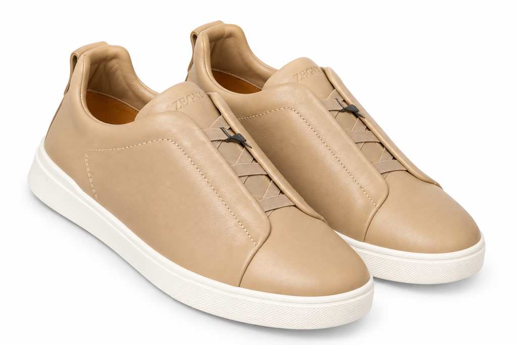 Zegna Leather Slip-On Sneakers – Beige & Ivory