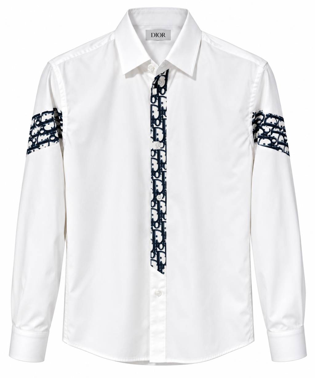 Dior Oblique Monogram Panel Long Sleeve Shirt – White & Navy