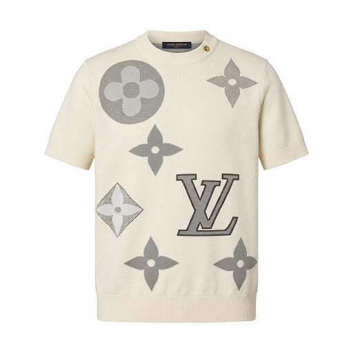 Louis Vuitton Monogram Motif Knit Short-Sleeve Sweater – Off-White & Grey