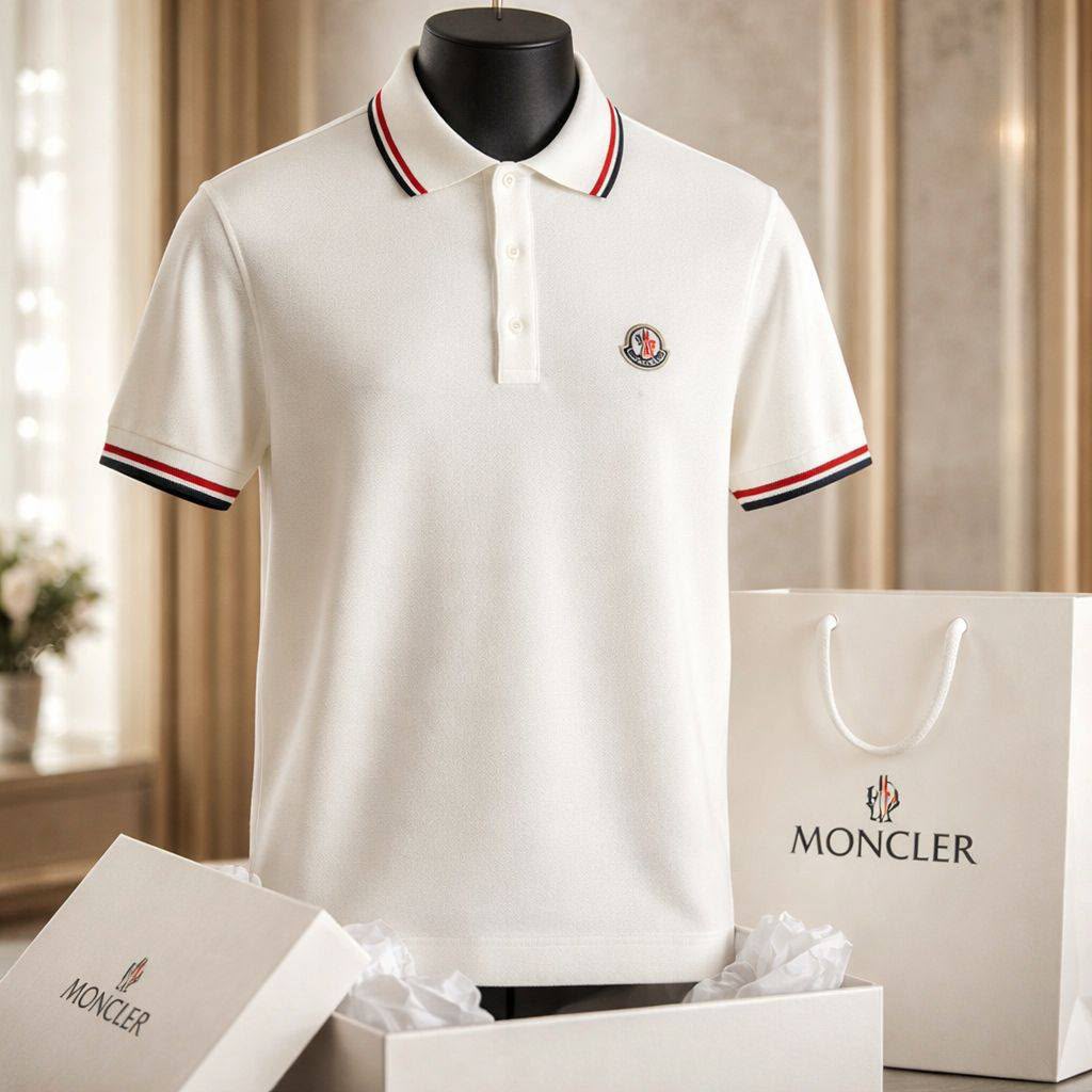Moncler Tricolor Trim Polo Shirt – White