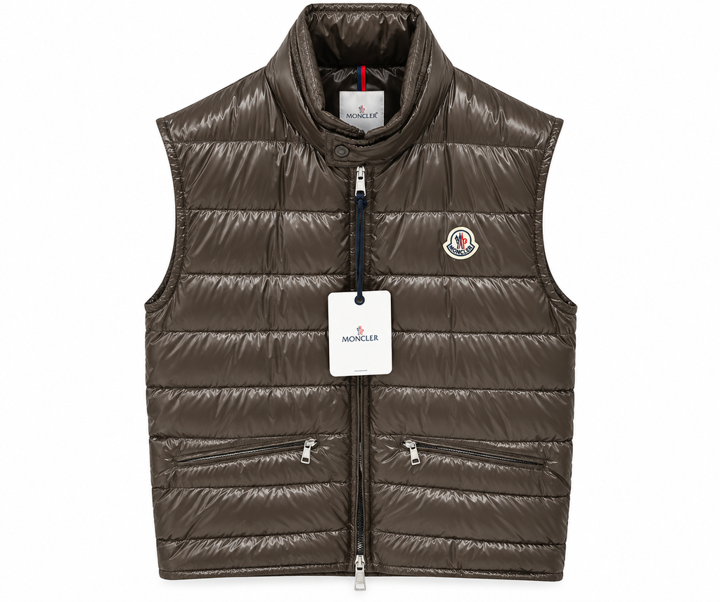 Moncler Glossy Quilted Puffer Vest – Dark Taupe
