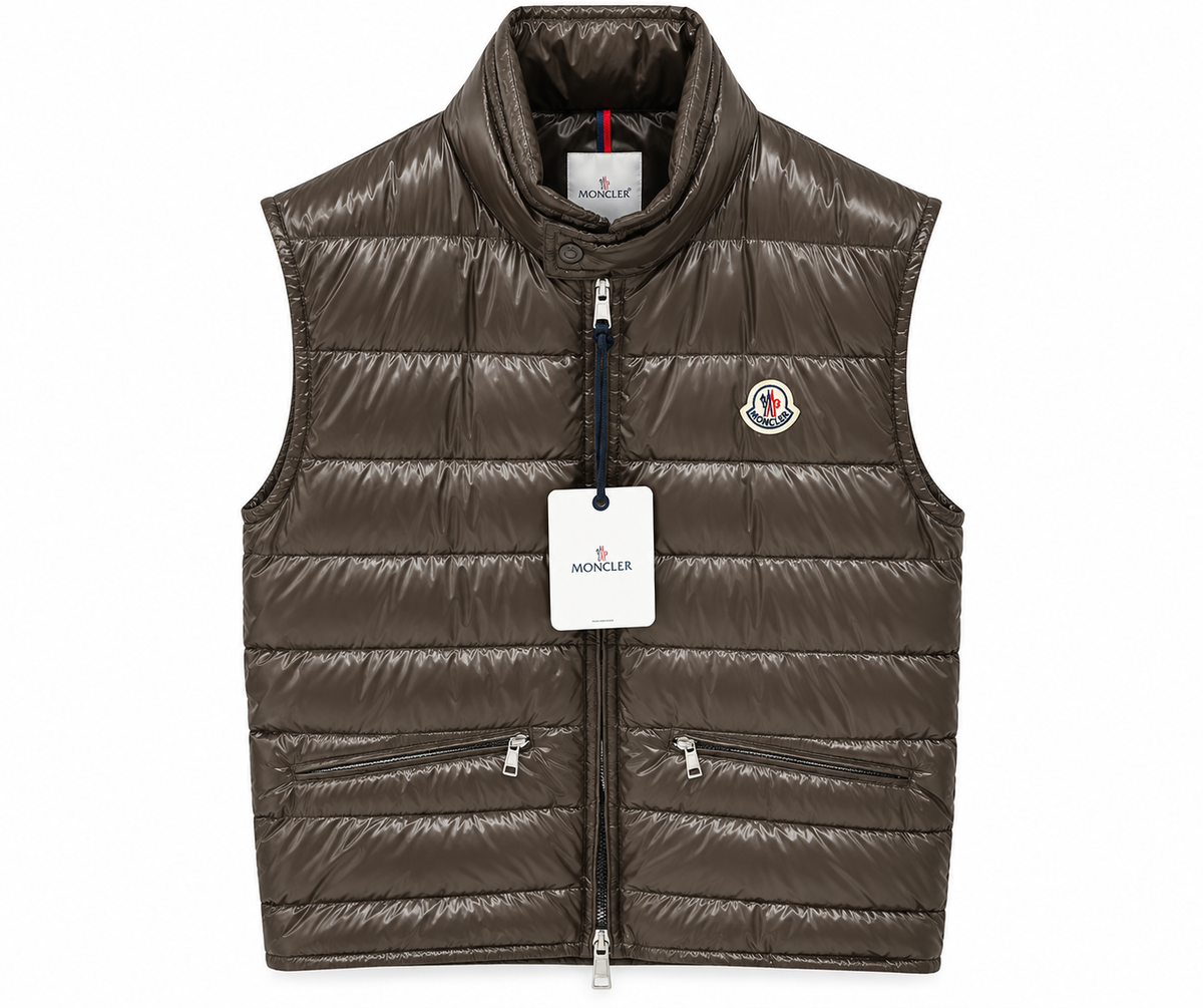 Moncler Glossy Quilted Puffer Vest – Dark Taupe