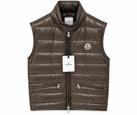 Moncler Glossy Quilted Puffer Vest – Dark Taupe