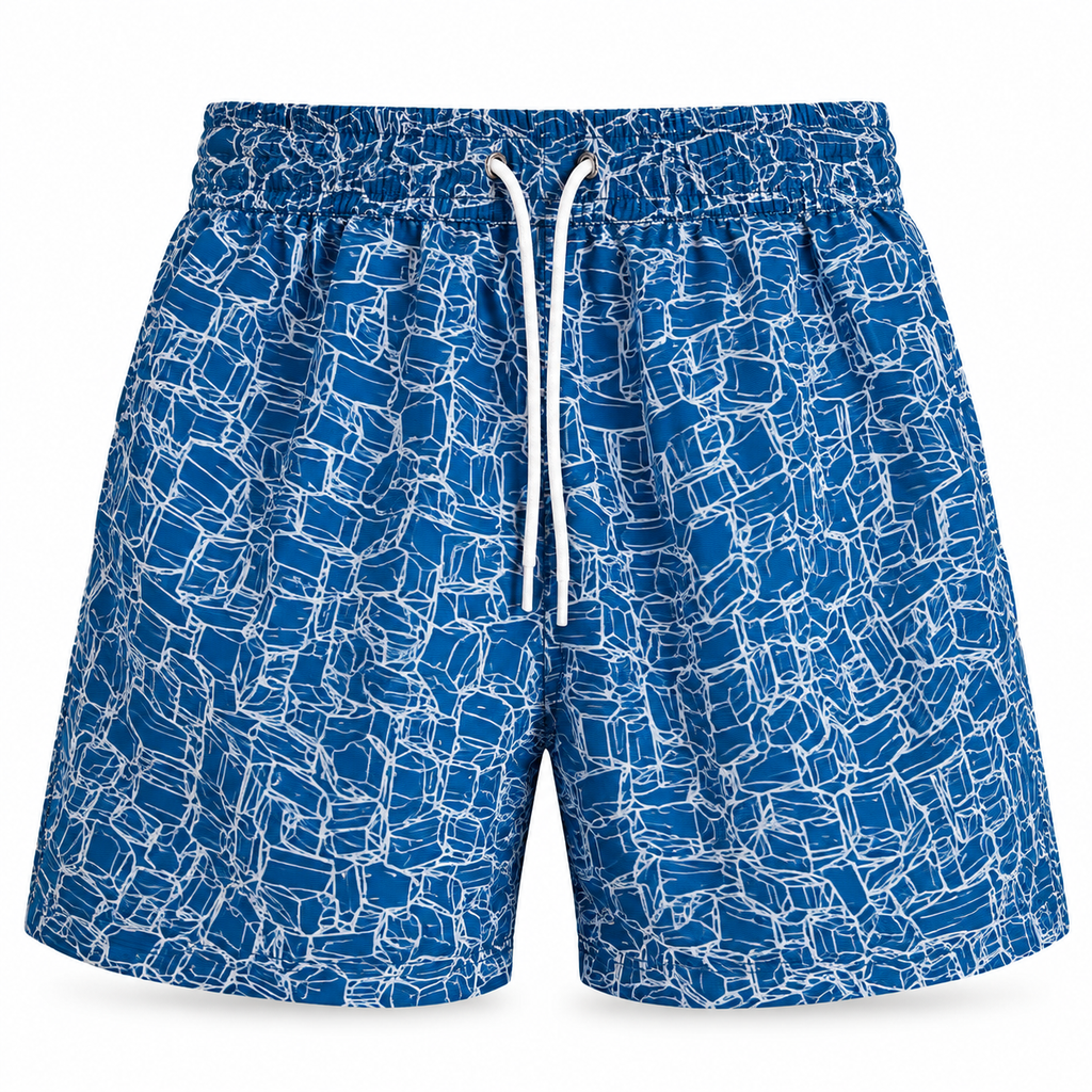 Abstract Geometric Swim Shorts – Deep Blue & White