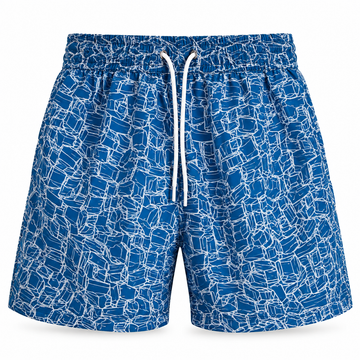 Abstract Geometric Swim Shorts – Deep Blue & White