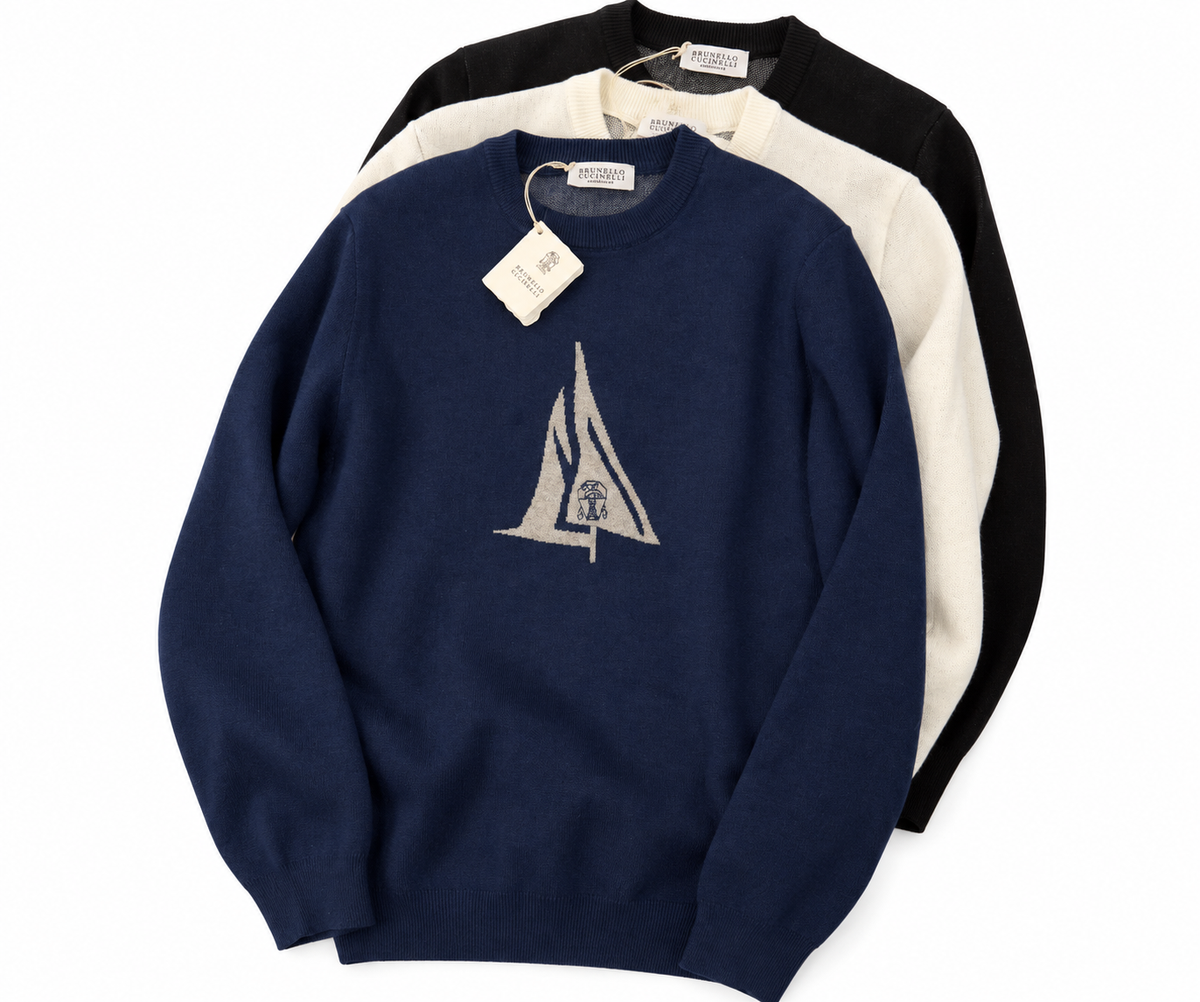 Brunello Cucinelli Logo Knit Crewneck Sweater – Navy Blue, Ivory & Black