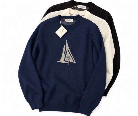 Brunello Cucinelli Logo Knit Crewneck Sweater – Navy Blue, Ivory & Black