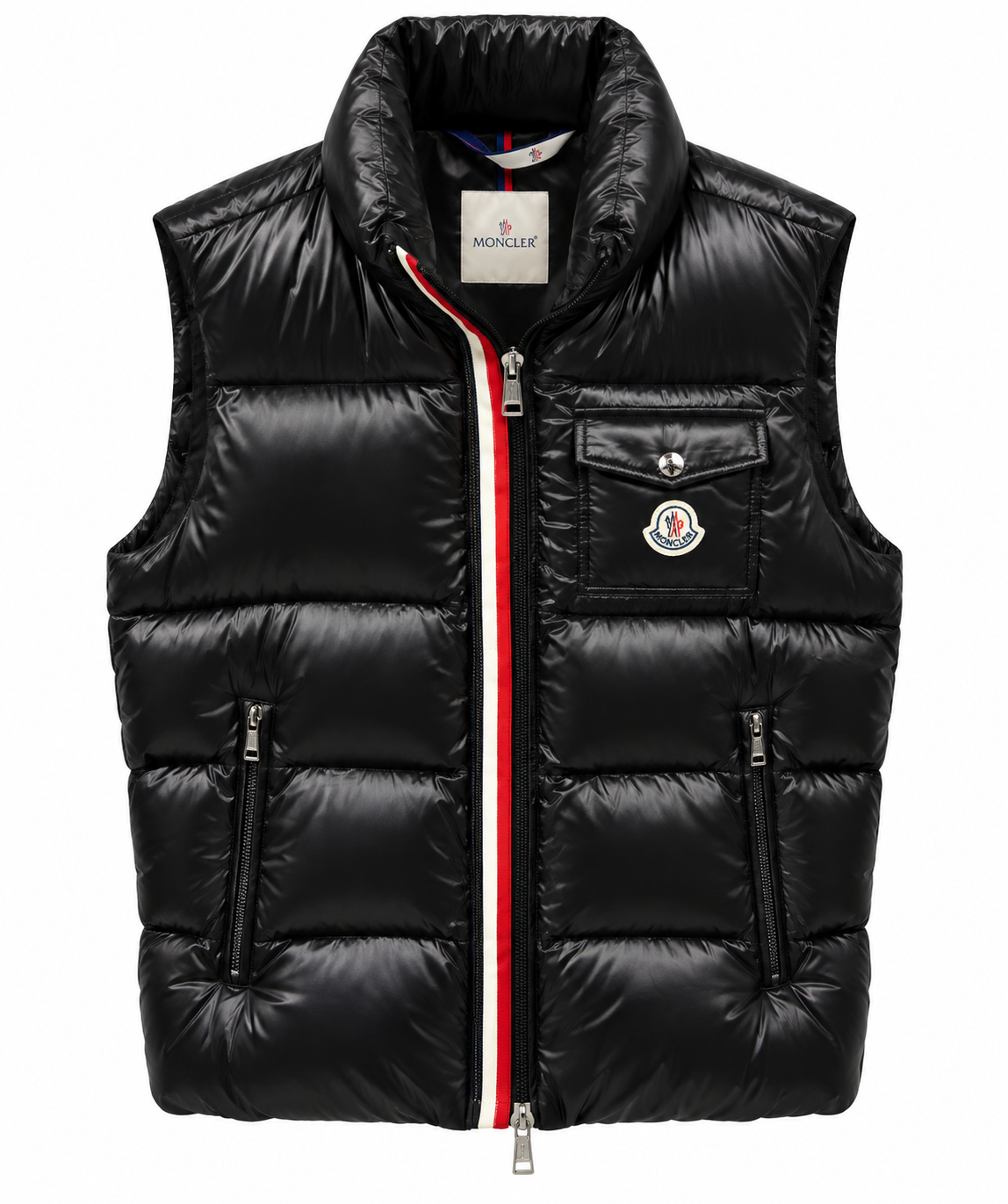 Moncler Quilted Puffer Vest with Chest Pocket – Glossy Black