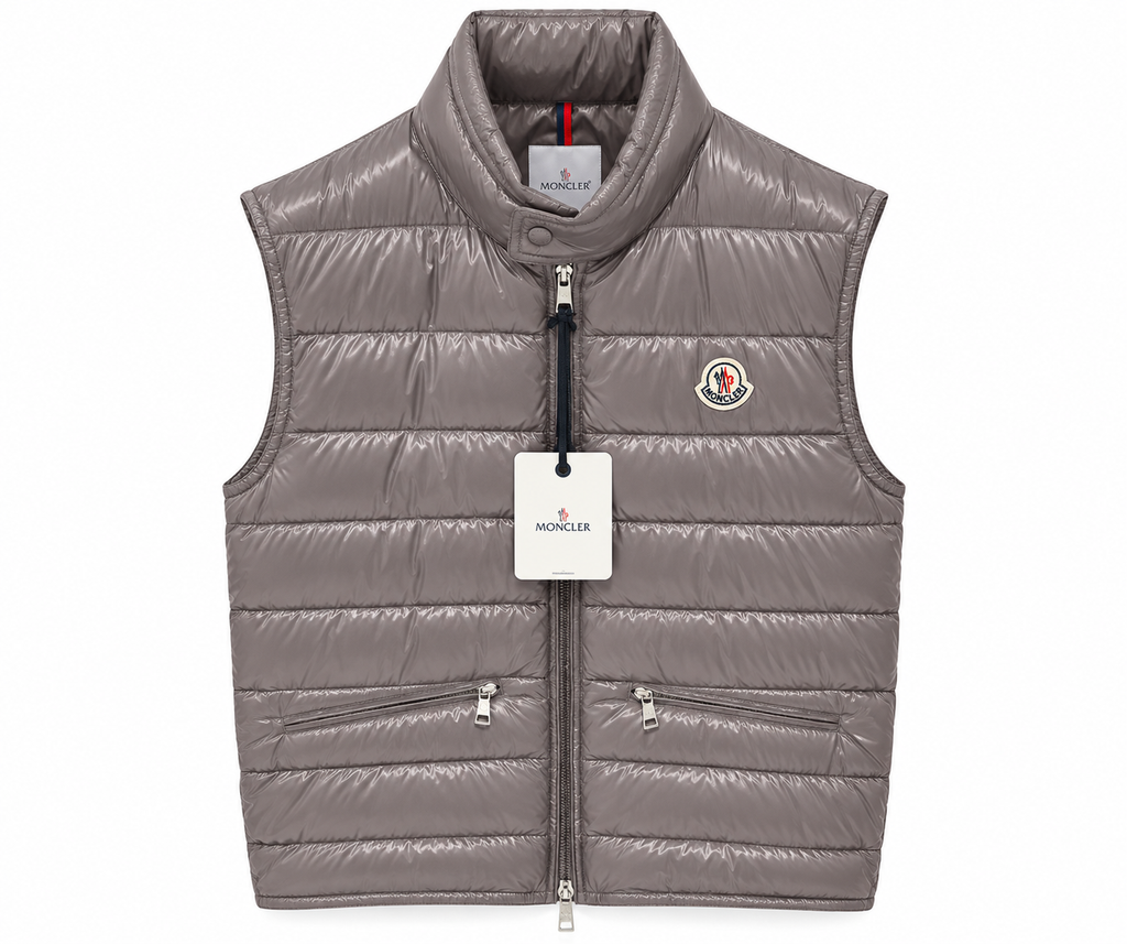 Moncler Glossy Quilted Puffer Vest – Taupe Grey