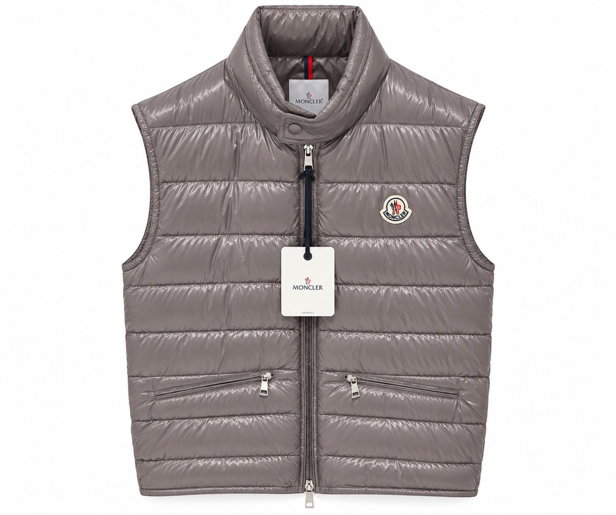 Moncler Glossy Quilted Puffer Vest – Taupe Grey