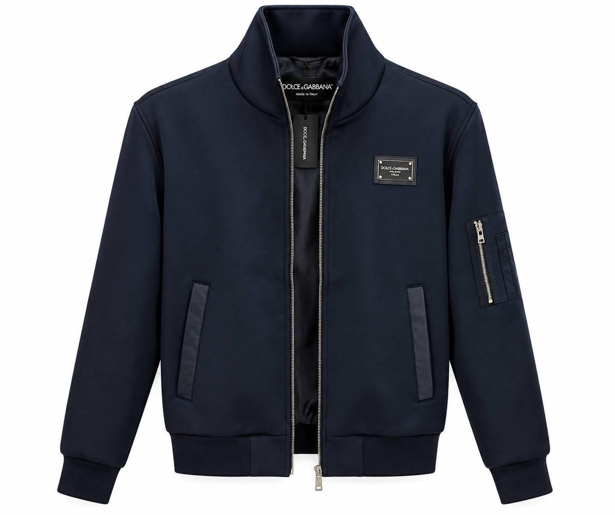 Dolce & Gabbana Logo Plaque Zip-Up Bomber Jacket – Navy Blue