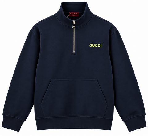 Gucci Navy Blue Half-Zip Sweatshirt with Neon Logo