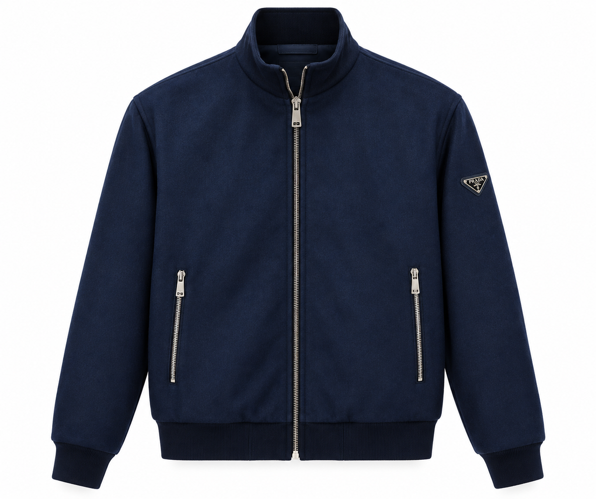 Prada Triangle Logo Zip-Up Bomber Jacket – Navy Blue & Black